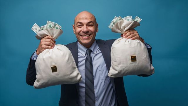 Smiling bald businessman holding two money bags overflowing with us dollar bills