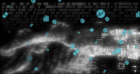 Abstract Binary Data Wave with Analytics Symbols on Cyber Canvas