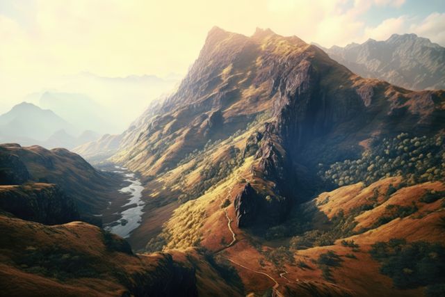 Stunning Mountain Landscape with Serene Valley and Sunlight - Download Free Stock Images Pikwizard.com