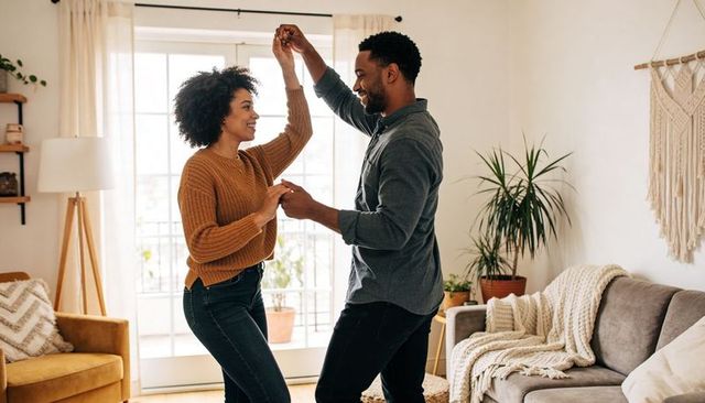 Couple dancing together in sunlit cozy living room holding hands and twirling at home
