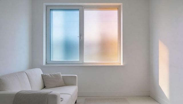 Frosted Window Diffusing Blue and Amber Light Over Minimalist White Living Nook