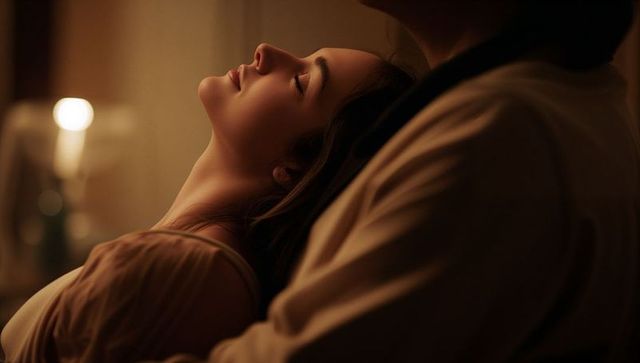 Reclining woman cradled by partner in warm lamp glow, intimate romantic moment