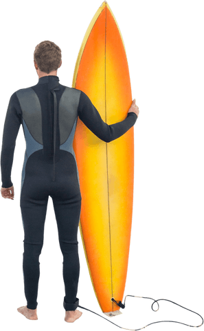 Transparent Image of Man Holding Vibrant Orange Surfboard