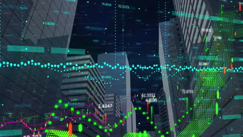 Digital Financial Data Displayed Over Urban Skyline
