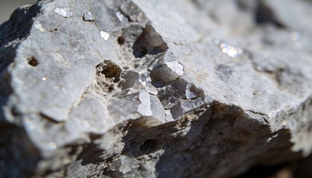 Macro closeup showing crystalline veins and sparkling mineral flakes in light gray limestone