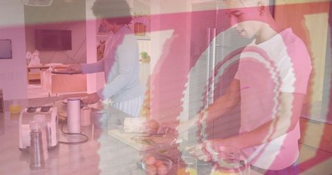 Two Men Preparing Breakfast in Modern Kitchen with Double Exposure Magenta Glitch Overlay