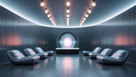 Futuristic Lounge with Glowing Energy Sphere and Modern Design