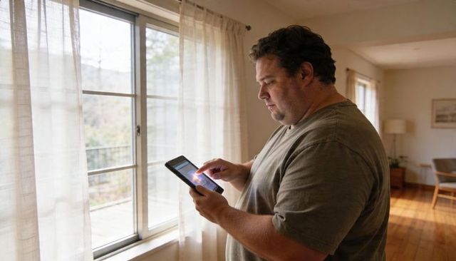 Adult man standing by window using tablet for smart home control and remote monitoring