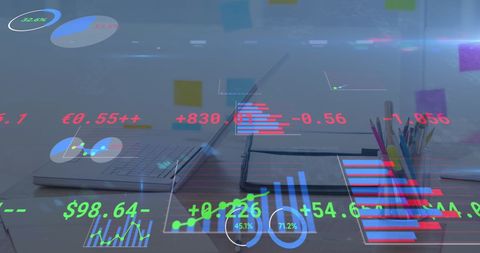 Modern business analytics overlay on office workspace