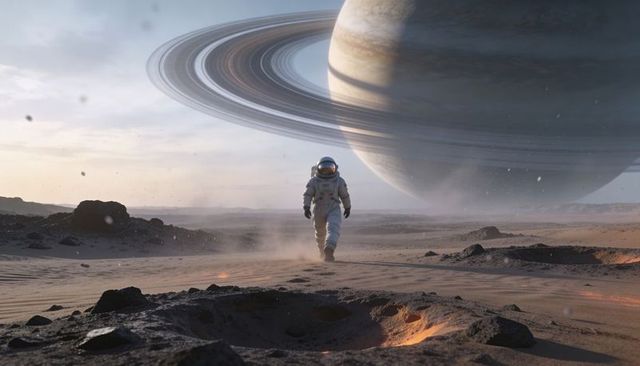 Astronaut walking across alien desert beneath massive ringed gas giant in distant sky