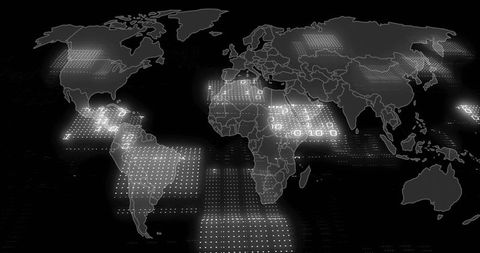 Translucent World Map with Glowing Data Tiles Visualizing Global Data Flow