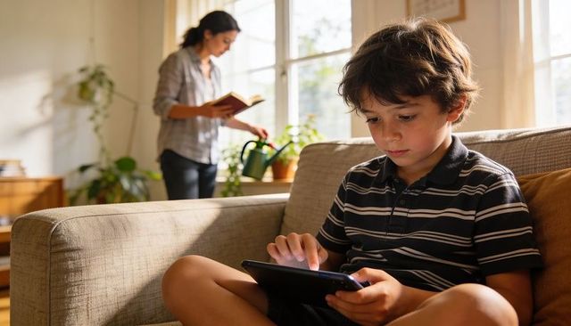 Boy using tablet on sunlit living room sofa while mother waters plants in background
