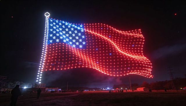 Giant american flag formed by drone light display waving over open field at night