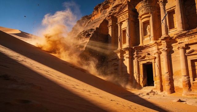 Ancient sandstone facade at cliff with sand dune collapsing under golden desert light