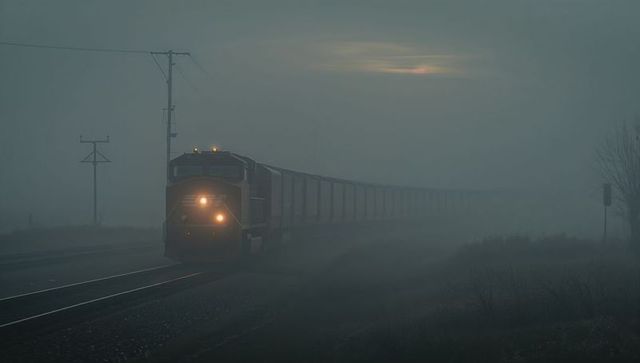 Diesel freight locomotive cutting through thick morning fog, long gondola train