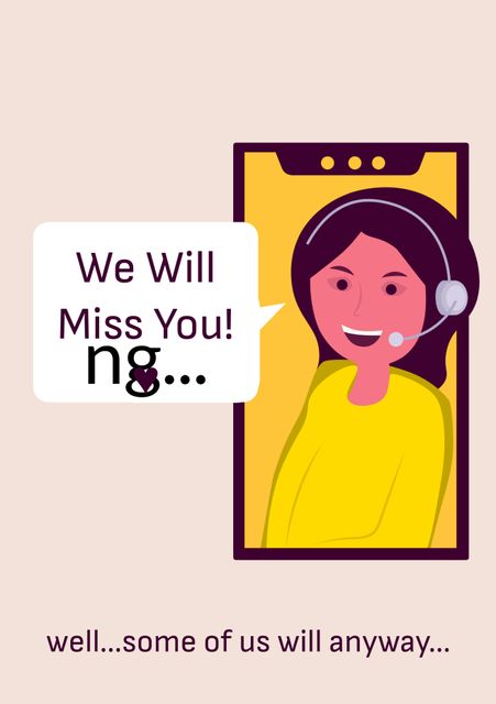 Illustration of a woman smiling with a headset, delivering a farewell message designed with humor for colleagues. Ideal for sending warm yet playful goodbyes during virtual send-offs in professional settings. Perfect for creating personalized digital farewell wishes for team members.