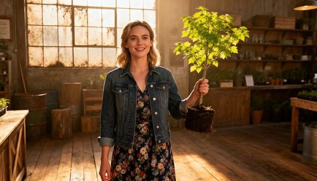 Woman holding young maple sapling in sunlit rustic nursery workshop