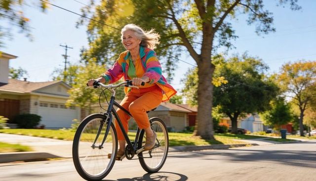 Smiling senior woman riding bicycle on sunlit suburban street wearing colorful outfit