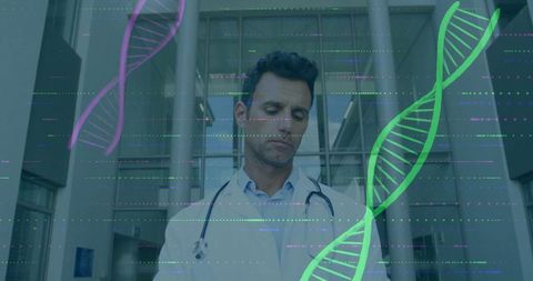 Doctor in hospital surrounding with futuristic dna hologram overlay