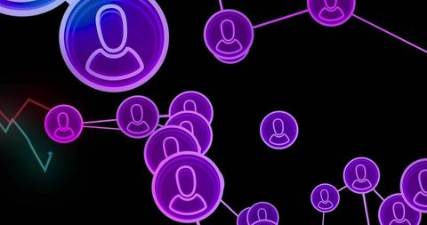 Neon avatar network connecting user nodes with glowing links and data sparkline