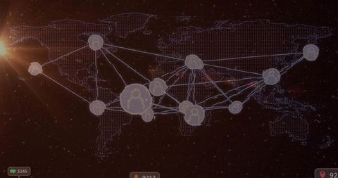 Global Network over World Map with Connected Nodes and Lens Flare