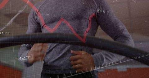 Athlete running on treadmill with red trend graph overlay and fitness metrics display