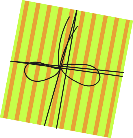 Vibrant gift box with lime-orange stripes and black bow, transparent background