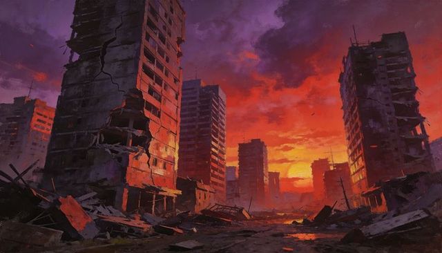 Apocalyptic sunset over crumbling high-rise cityscape with collapsing towers and rubble