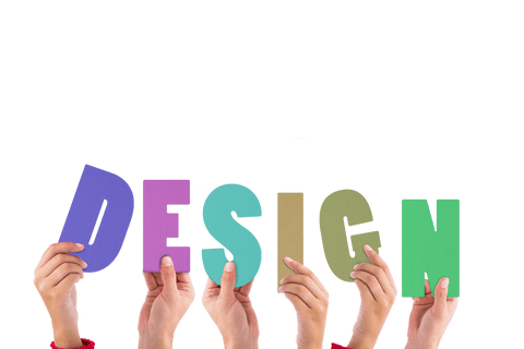 Transparent hands holding colorful letters creating design