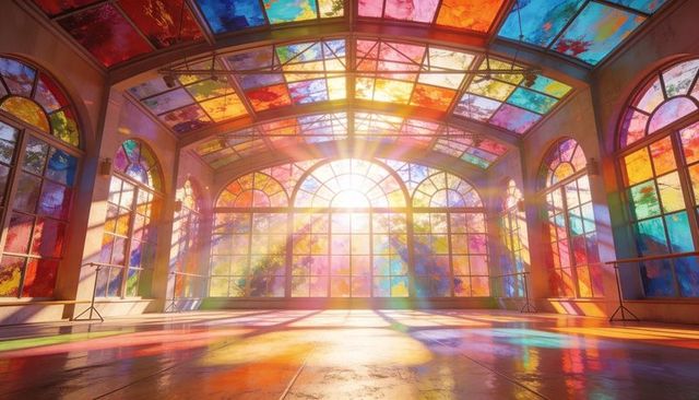 Sunlit rainbow dance studio with grand arched stained glass ceiling and ballet barres