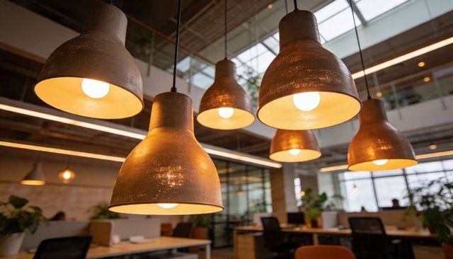 Warm industrial pendant lights illuminating modern open-plan coworking office interior