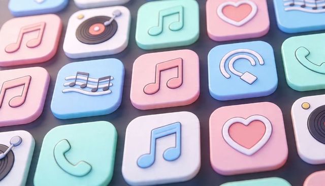 Showcasing pastel app icon grid featuring music heart phone vinyl headset symbols
