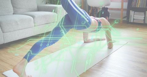 Woman performing plank leg raise on yoga mat at home with neon circuit overlay