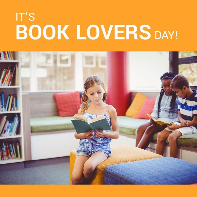 Image of its book lovers day and diverse children reading books in library. Reading awareness, literature, books and library concept.