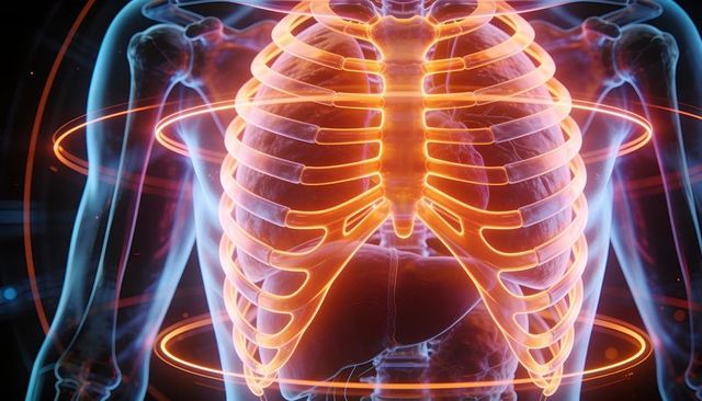Neon glowing 3d thoracic anatomy showing ribcage, sternum, lungs, heart