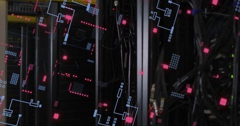 Virtual Circuitry Overlay on Data Server Racks for Technological Innovations - Download Free Stock Images Pikwizard.com