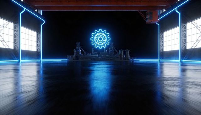 Futuristic blue neon gear hovering in industrial hangar with reflective steel floor