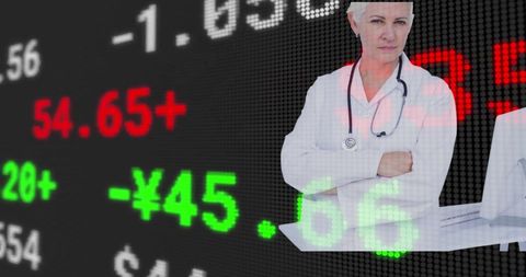 Doctor Analyzing Financial Stock Market Data Overlay
