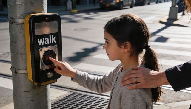 Child pressing walk button with caregiver guiding at urban crosswalk in bright sunlight