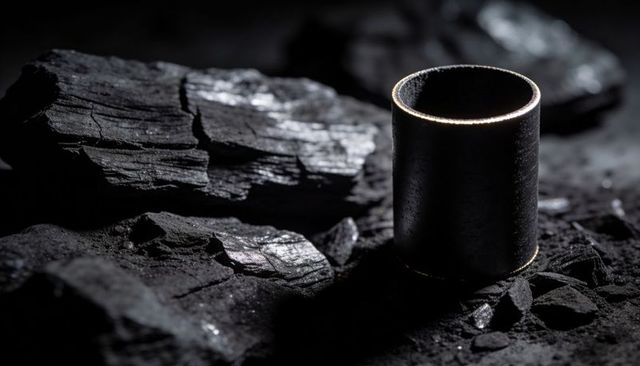 Matte metal cylinder cup with rim highlight on charcoal fragments moody still life