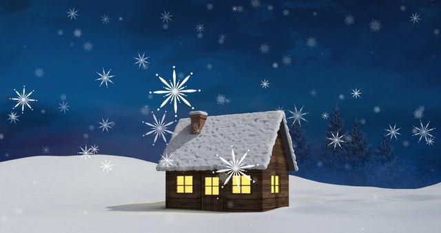 Snow-Covered Wooden Cabin with Falling Snowflakes Under Night Sky - Download Free Stock Images Pikwizard.com