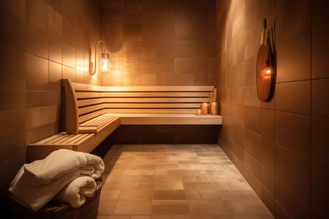 This serene sauna room features warm lighting and wood paneling, offering a cozy and tranquil environment. The presence of neatly stacked towels and copper pots on the bench adds to the authentic spa experience. Ideal for wellness blogs, spa advertisements, health and fitness magazines, and relaxation-themed articles.
