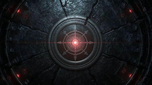 Glowing metal device in futuristic control room with red light