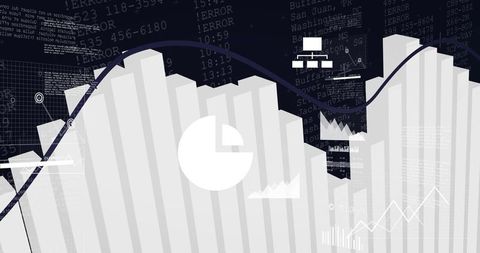 Monochrome Data Dashboard Showing Rising Bar Chart, Dark Trend Line and Pie Overlay
