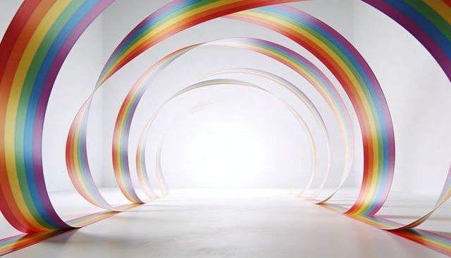 Forming concentric translucent rainbow arches in minimal gallery, vibrant ribbon tunnel