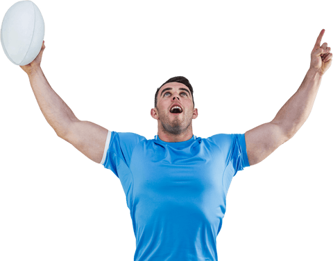 Rugby player celebrating with enthusiasm on transparent background