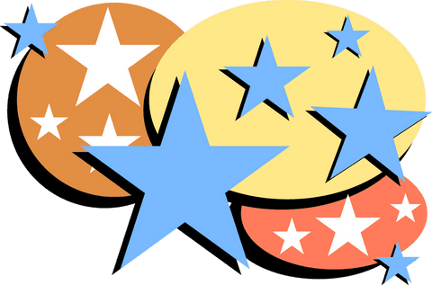 Festive abstract with vibrant ovals and stars on transparent background