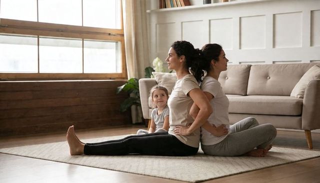 Two women practicing back-to-back stretches with child in bright living room