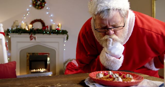 A Caucasian man dressed as Santa Claus is quietly sampling cookies from a plate, with copy space. His gesture of secrecy adds a playful touch to the festive Christmas setting.