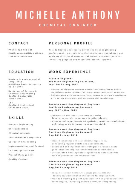 This well-designed resume template for a chemical engineer offers a comprehensive overview of professional qualifications, work experience, education, and skills. Ideal for job seekers in the chemical engineering field looking to create a professional resume. The clean and elegant layout ensures clarity and ease of reading, making it perfect for submitting job applications or using as a professional online profile.